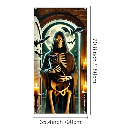 Image of BlissYard Halloween Door Cover Skeleton Black Cat 35x71 Inch Polyester