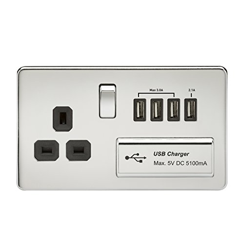 Knightsbridge SF7USB4PC Screwless 1G 13A Switched Socket with Quad USB Charger 5V Dc 5.1A W, Polished Chrome with Black Insert