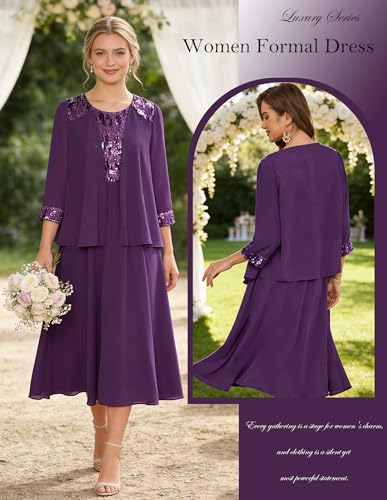 Image of GRACE KARIN Formal Wedding Guest Dress Sequin Mother of The Bride Dresses | Two Piece,3 /4 Sleeve,Tea Length,Crew Neck,Fit and Flare,Chiffon,Suitable for Spring /Summer /Fall /Winter /Cocktail /Party /Prom