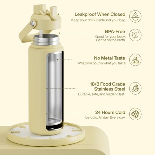 Image of ENCOOL Insulated Water Bottle with Straw Stainless Steel Water Bottle, Leak-Proof, BPA-Free, Double Wall Vacuum Keeps Cold for 24 Hours for Sports, Travel, School (32 oz, Light Vanilla)