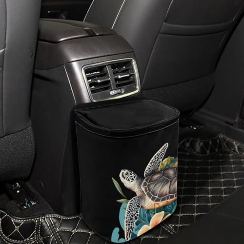 Image of Talayituse Turtle Plumeria Sea Wave Print Car Trash Can with Adjustable Straps, Zip Closure Car Trash Bag Bin Auto Garbage Bag Multipurpose Storage Box for Vehicle Travel Camping Picnicing
