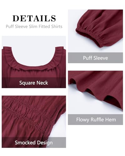 Womens Puff Long Sleeve Babydoll Tops Square Neck Ruffle Peplum Blouse Smocked Loose Fit Tunic Top Dressy Tee Shirts4
