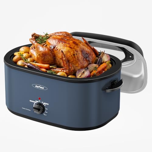 Image of Sunvivi Roaster Oven 28QT, Electric Roaster Pan with Lid for Large Turkey | Self-Basting & Glass Viewing Lid, Removable Pan, 150-450F Temp Control, for Baking Slow Cook Defrost Warm Turkey Up to 28lb