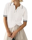 LACOZY Polo d'été à manches courtes et col en V côtelé pour femme, Blanc 2, XXL