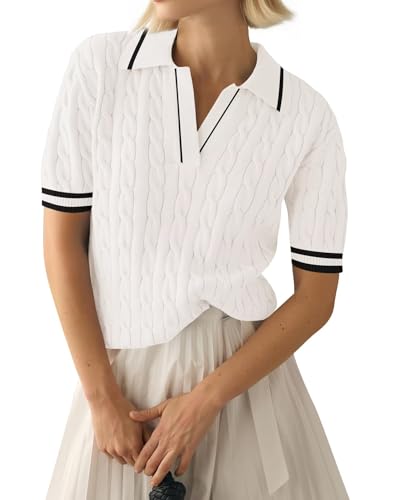LACOZY Hauts d'été à manches courtes pour femmes Col à revers Col en V Polo Pulls Chemises Décontractés Légers Tricot côtelé Blouses de bureau, blanc,...