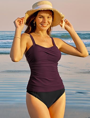 Image of ZAFUL Tankini Swimsuits for Women Tummy Control High Waisted Twist Front Ruched Two Piece Bathing Suit