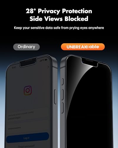 Image of UNBREAKcable Privacy Screen Protector for iPhone 16e, Shatterproof Tempered Glass [True 28Anti Spy] [9H Hardness] [Easy Installation Frame] Private Protector for iPhone 16e 6.1inch-2 Pack