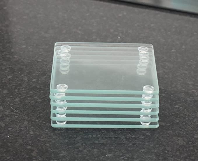 RnT Set Of 6 Clear Tempered Glass Coasters Square Shaped Heavy Duty Heat Resistant Premium Quality Office Desk Living Room Kitchen Home Kitchenware Household Essentials 10x10cm