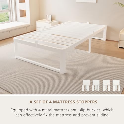 Image of ZTH Twin Size Metal Platform Bed Frame 16 in, No Box Spring Needed, White | Heavy duty support, Underbed storage, Noise-free design, Anti-slip clips, Rounded legs, Easy assembly, Headboard compatible