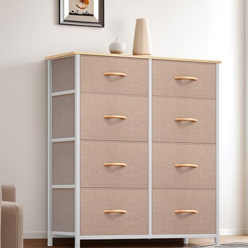 YITAHOME Comoda 8 Cajones,Cajonera de Tela,Sinfonier,Robusta Estructura metálica,para Dormitorio, Salón, Pasillo,Caqui