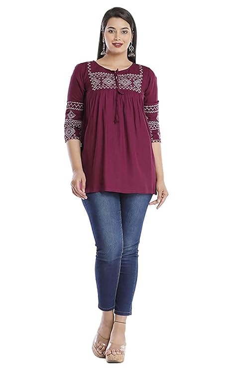 Image of Shiva Fab Women's Rayon Embroidered Regular Short Fit Kurti Tops Girls Pack of 1 Top (XXX-Large, Dark RED)