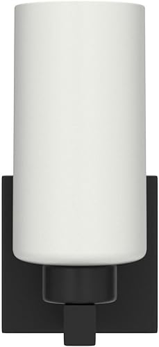 Miniatura 4 de DEYNITE Juego de dos apliques de baño modernos negros con pantalla cilíndrica de cristal cilíndrica blanca lechosa