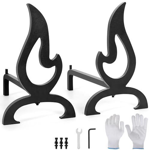 Zettfuly Cast Iron Fireplace Andirons, Decorative Andirons for Wood Burning Fireplaces, Heavy-Duty and Stylish Fire Shape Design