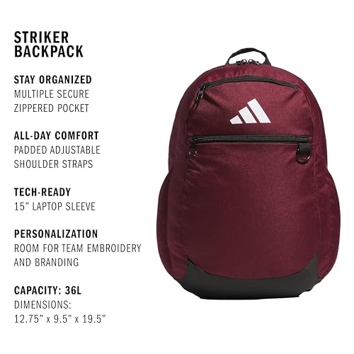 Image of adidas Striker 3 Team Sports Backpack - Daypack for Sports Gym Travel, 36L, Maroon, OSFA