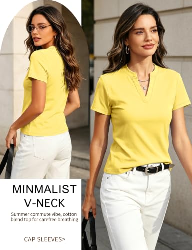 Image of Meetrendi Women's Notch V Neck T-Shirt Slim Fit Premium Cotton Blend Short Top