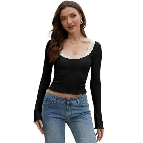 Long Sleeve Shirts for Women Y2K Bell Sleeve Going Out Tops Micro Ribbed Square Neck Cropped Tops Lace Black Large