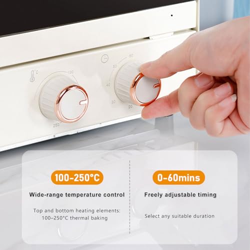 Kompaktowy piekarnik na blacie z ogrzewaniem górnym/dolnym, regulacja temperatury 100-250°C i timer 0-60 min, zawiera stojak do pieczenia i patelnię, pojemność 16 l