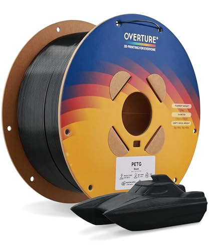 OVERTURE PETG 3D Printer Filament 1.75mm, Neatly Wound Durable PETG 2kg Spool (4.4lbs), Strong Toughness Filament, Dimensional Accuracy +/- 0.02mm, Fit Most FDM Printers (Black 1 Pack)