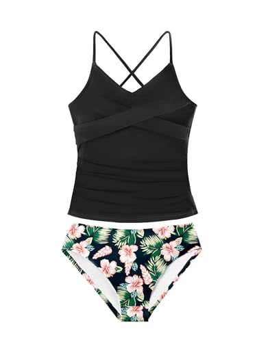 Image of Girls Swimsuit Tankini Criss Cross Ruched 2 Piece Bathing Suit Printed Girl Swimwear for Teens 9-16Y