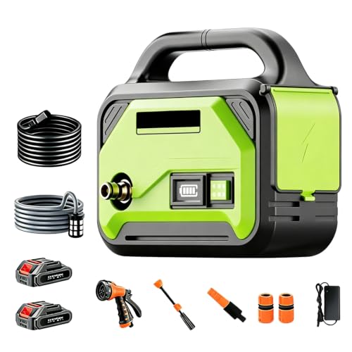 pompa da giardino autoadescante a batteria, 4,5 bar, pompa acqua portatile con 2 batterie, tubo di mandata 10 m e aspirazione 3 m, 3 ugelli spray, per laghetto, giardino, acquario e campeggio