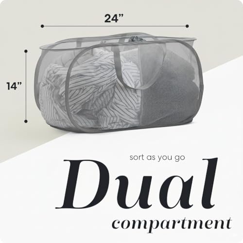 Image of Handy Laundry Collapsible Laundry Basket, 2-Compartment Mesh Pop Up Hamper with Handles - Foldable, Space-Saving Dirty Clothes Organizer for Dorm, Travel, Laundry Room, Grey