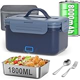 Vabaso 1.8L Cordless Electric Lunch Box, 8000mAh Rechargeable Battery Powered Heated Lunch Box for Adults, 75W Rapid Heating & Keep Warm,Self-Heating Food Warmer for Car,Truck,Office,Camping,Outdoors
