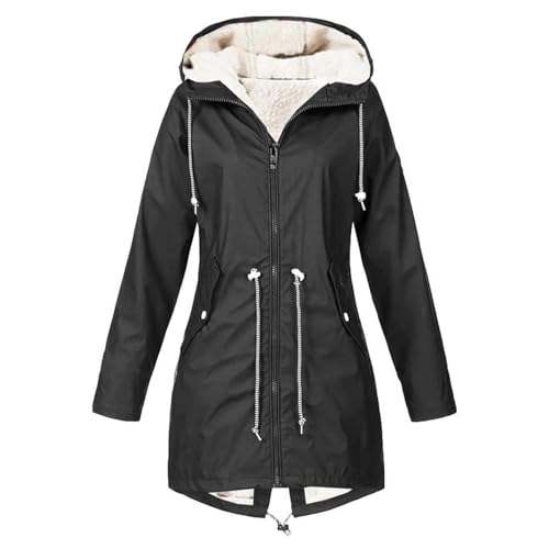 Shffuw De Agua Impermeable Trabajocortavientos Mujer Mujer al suelta felpa sólida más gruesa cálida mujer impermeable con capucha tamaño a de viento invierno al Chubasquero Impermeable (Black, M)