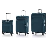 juego de trolleys para todo tipo de viajes; incorpora una maleta cabina, una maleta mediana y una maleta grande; todas las maletas de color petróleo