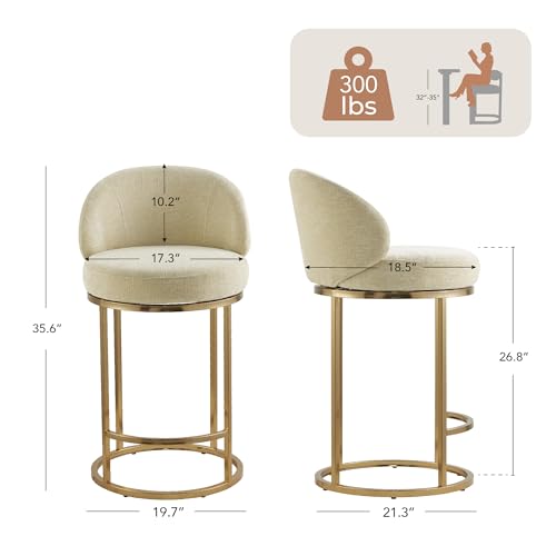 CHITA Counter Height Bar Stools Set of 2, Swivel Upholstered Barstools with Back, Sturdy Metal Base, 26.8" Seat Height, Sand