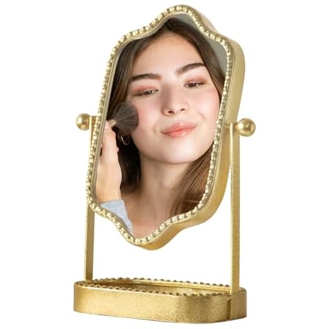 HuiDao Vintage Vanity Makeup Mirror, Metal Desk Mirror with Stand Antique Decorative, 360° Swivel Table Mirror with Tray, Desktop Dressing Mirror for Dresser, Bedroom, Bathroom, Living Room, Gold Cover