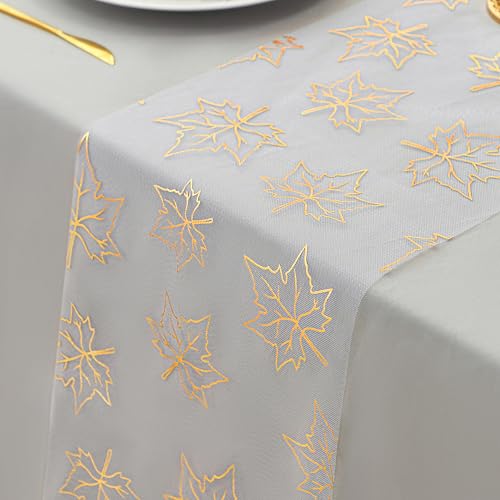 Snowkingdom 2 Pcs Gold Table Runner, Gold Maple Leaves Fall Thanksgiving Table Decorations for Autumn Harvest Sequin Glitter Lightweight White Thin Mesh Sparkle Farmhouse Dining Party Decor 108 Inch