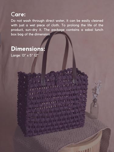 Image of KADAM HAAT Handwoven Sabai Grass Lunch Bag | Eco-Friendly Natural Woven Tote for Office, School & Picnic | Sustainable Artisan Handmade Bag for Women (Lavender)