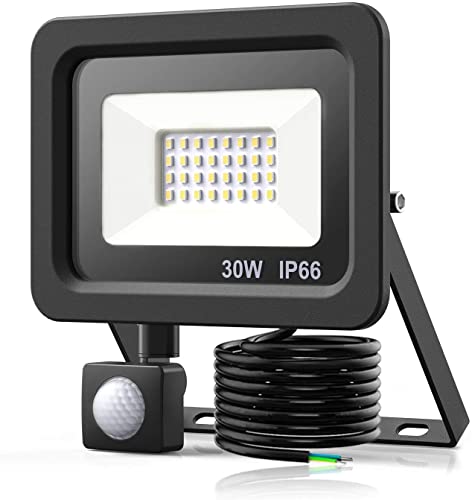 Foco LED de suelo de 30 W con sensor PIR, 2400LM luces de seguridad de, IP66 resistente al agua 6500 K, foco LED blanco de luz diurnacable de 1,5 m…