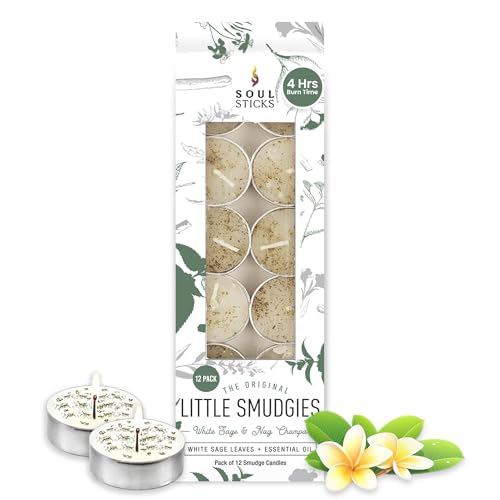 SOUL STICKS 12 Pack Little Smudgies Tealight Candles Smudge Candle for Cleansing House, Meditation, Chakra Healing | Made with Crystals and Herbs (White Sage & Nag Champa)