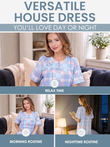 Image of Casual Nights Women's Snap - Front House Dress Short Sleeve Woven Housecoat Duster Lounger Robe with Pockets