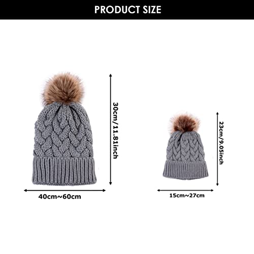Soonhua 2Pcs Parent-Child Hat, Baby Hat/Women Hat, Mother & Daughter/Son Winter Warmer Knit Crochet Wool Beanie Fur Pom Bobble Hat #TOP5
