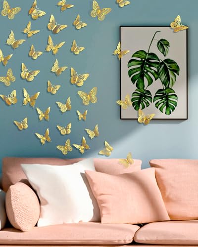 Image of 72Pcs 3D Butterfly Wall Decor, Gold Butterfly Fathers Day Decorations, 4 Styles 3 Sizes Removable Butterflies Room Decor Butterflies Wall Stickers for Birthday Party Tea Cake Flower Decorations