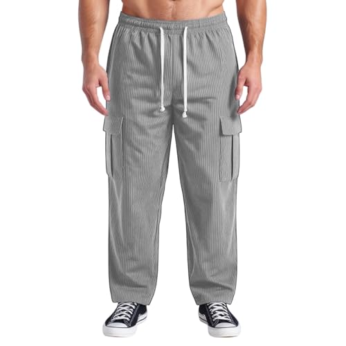 Corduroy Cargo Pants Men Baggy Drawstring Waist Straight Leg Pants Fall Open Bottom Lounge Trousers with Pockets