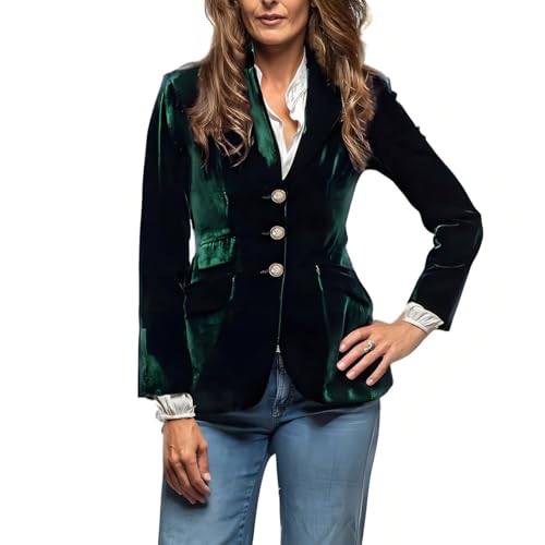 Women Vintage Velvet Blazer Jacket V-Neck Work Office Suit Slim Fit Slit Blazer Long Sleeves Dressy Coat Green