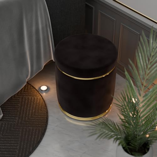 Image of ETIQUETTE ART Upholstered Velvet Round Dual Strip Ottoman Office Stool Foot Rest Stool Linen Fabric Padded Seat Pouf Ottoman with Round Shape for Living Room (Brown)