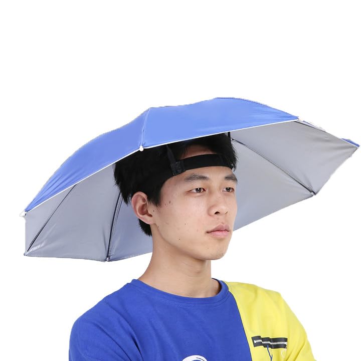 Head Umbrella Hats, 65cm Outdoor Sun Rain Protection with Elastic Bands Portable Mini Folding Hat Umbrella for Golf, Fishing, Gardening (Royal Blue)