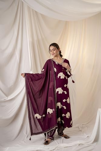 Image of ishin Quirky Printed Rayon A-line Kurta paired with Afghani Pants and Flowy Chiffon Hand Tassel Dupatta