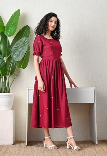 Image of Ichaa Women's Aqua Rayon Printed Maternity Dress with Feeding Zips and Pocket, in Plus Sizes