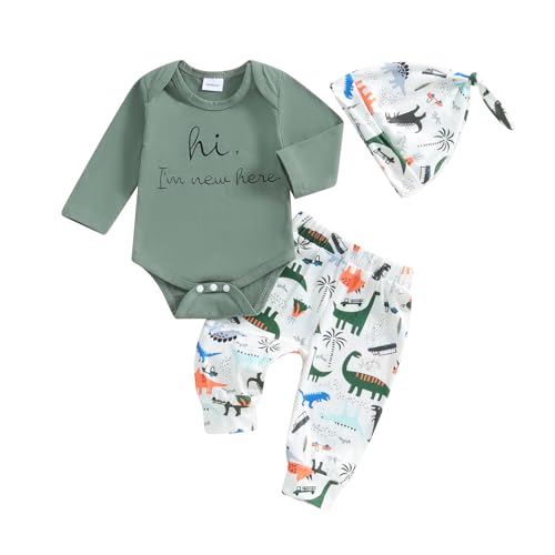 Image of Ursobutegl Newborn Baby Boy Girl Clothes Im New Here Romper Bodysuit Animal Pants Set with Hat Coming Home Hospital Outfits