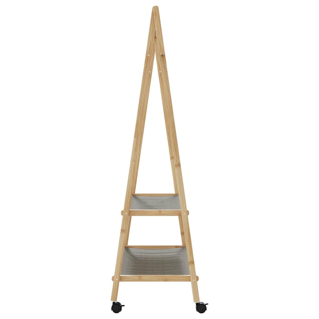 Kleiderständer aus Bambus mit Ablagen und Rollen 96x45,5x155,5 cm, klappbar und rollbar, Garderobenständer mit Kleiderstange, Ablageflächen