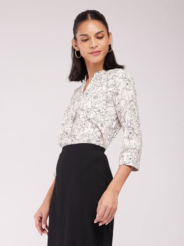 Image of FableStreet Women Shirt Work & Casual | Relaxed Fit Mandarin V-Neck Three-Quarter Sleeves Solid Pattern | Breathable Woven Fabric for Office & Everyday Wear