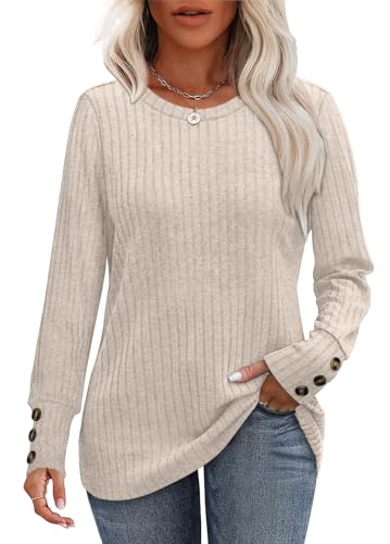 OFEEFAN Womens Sweaters Long Sleeve Tops Button Cuffs Plus Size Fashion Clothing Tunics or Tops Wear with Leggings2