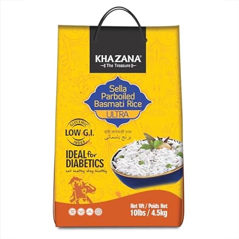 Authentic Ultra Long Parboiled Basmati Rice by Khazana in 10 lb Bag - Aromatic and Flavorful Indian Grain - Non-GMO, Gluten Free, Kosher, Cholesterol Free Cover