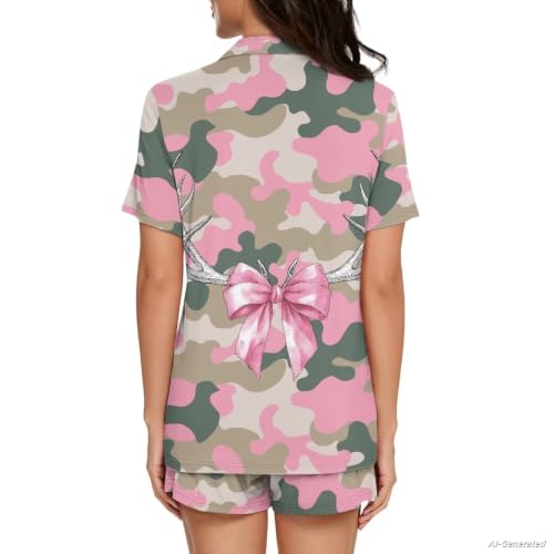 Image of Renewold Button Down Womens Pajama Set Short Sleeve Loungewear Bow Nightwear Sleepwear Night Suit Tops Shorts 2 Pieces