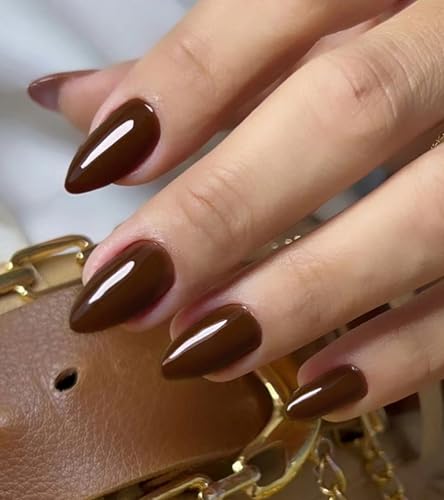 Morily Press on Nails Almond, Dark Brown Short Fake Nails with Designs Reusable Acrylic Nails Glossy Full Cover Stick on Nails for Women
